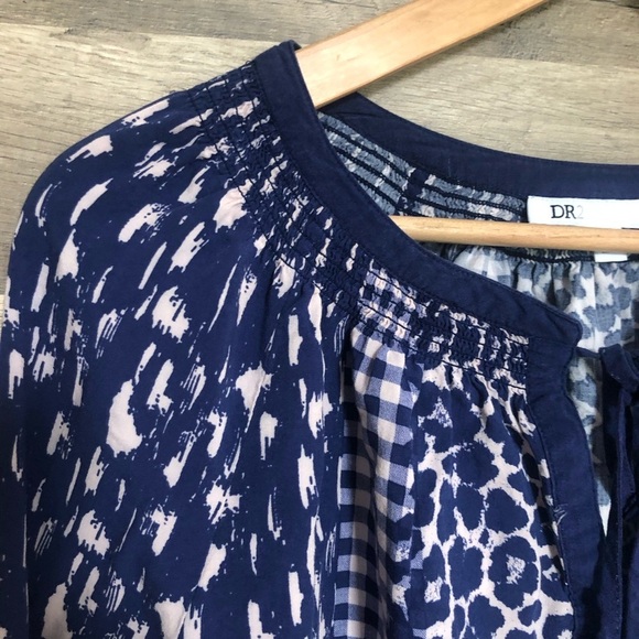 Boho Balloon Sleeve Tie Front Smocked Gingham Blouse XL - Picture 3 of 10